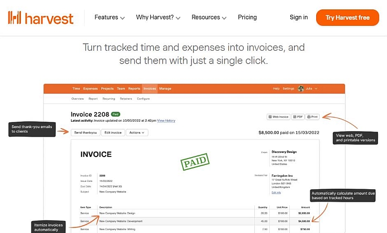harvest invoices
